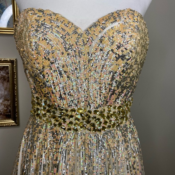 Sherri Hill Sparkly Show Stopper Strapless Gold and Cream Evening Gown Sz 4 - Picture 5 of 13